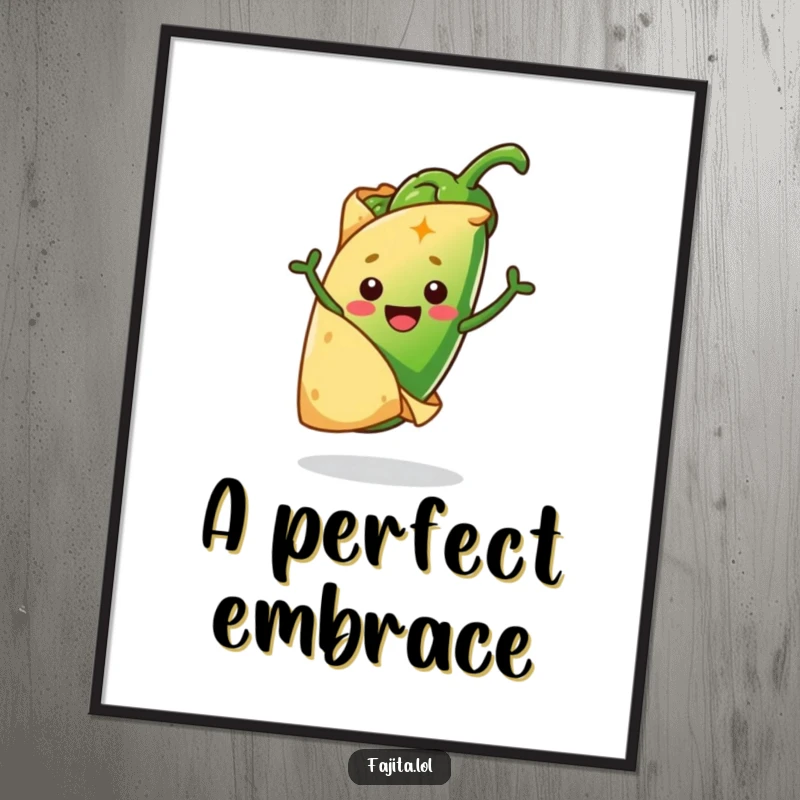 Funny digital art print of a cheerful tortilla embracing a jumping jalapeño, perfect for lively and humorous home decoration.