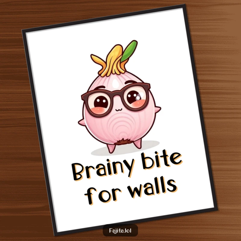 Funny digital art print of a studious fajita onion slice wearing reading glasses, perfect for vibrant and humorous wall decoration.