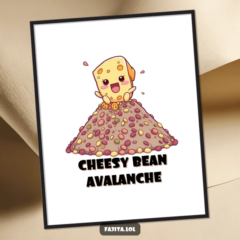 Funny digital art print of a playful cheese shred character cascading down a bean mountain, ideal for whimsical wall decor.