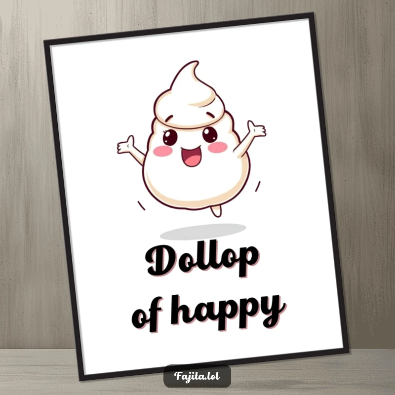 Funny Digital Art of a playful sour cream dollop character bouncing with excitement, perfect for printable wall decor and cheerful vibes.