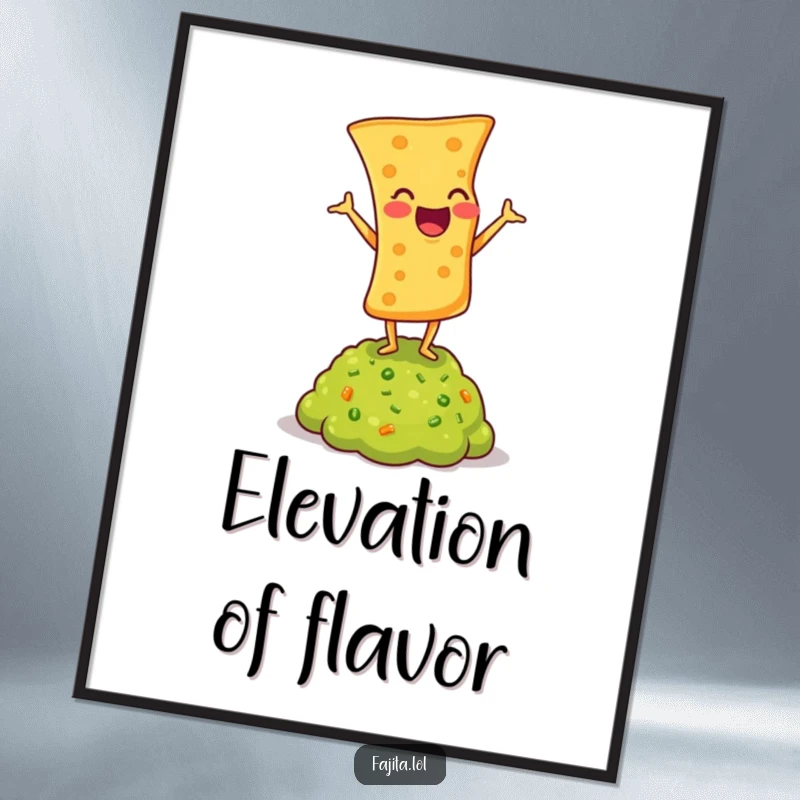 Funny digital art print of a laughing tortilla chip in a headstand on guacamole, perfect for quirky decor.