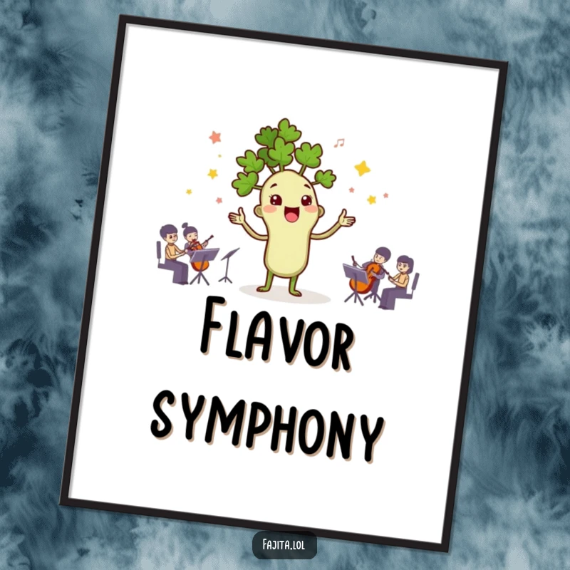 Funny digital art print of a happy cilantro character leading a spice orchestra, ideal for printable wall decor.