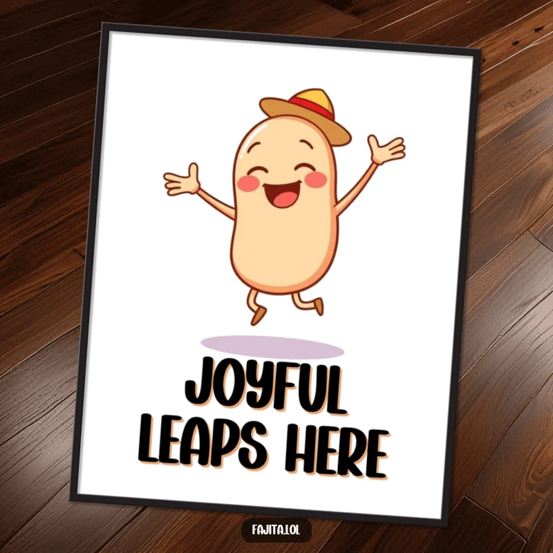 Funny Bean Salsa Digital Art Print, a vibrant illustration of a jumping bean character with salsa, bringing energetic humor.