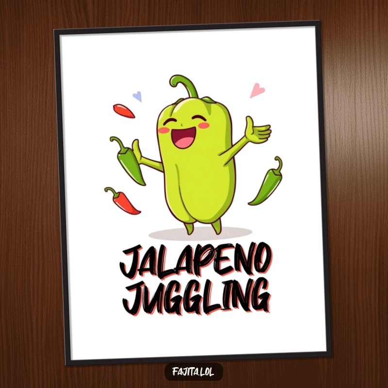 Funny digital art print of a laughing bell pepper energetically juggling jalapenos, bringing instant veggie cheer and humor to any display.
