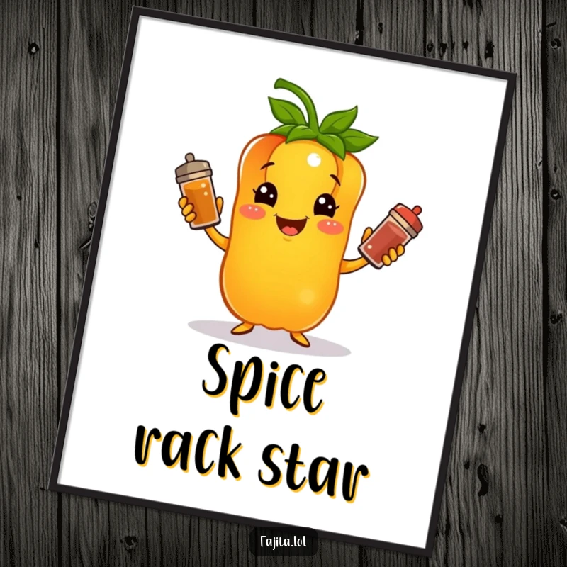 Funny digital art of a cheerful bell pepper character happily juggling spice shakers, creating a fun and artistic kitchen vibe.