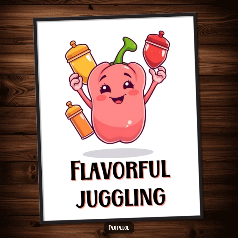 Funny digital art print of a cheerful bell pepper character juggling spice shakers, for vibrant kitchen decor.