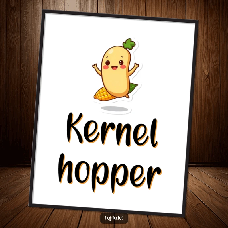 Funny Fajita Bean Character Digital Art Print depicting a happy bounce on a corn kernel, perfect for instant joyful and vibrant wall decor.