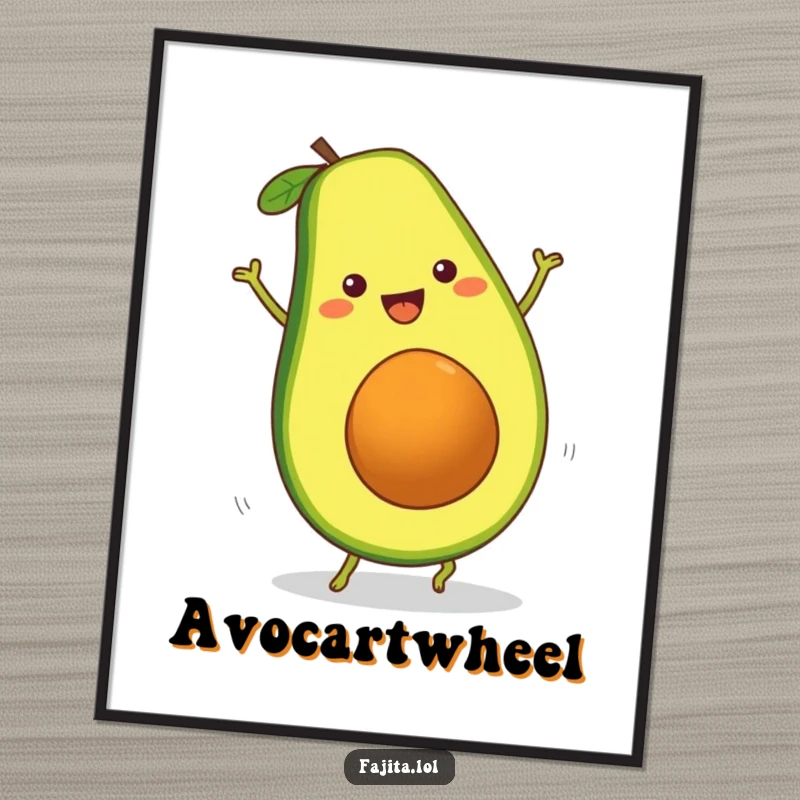 Funny Fajita Avocado Slice Digital Art Print depicting a cheerful cartwheel, perfect for instant humorous and vibrant wall decor.