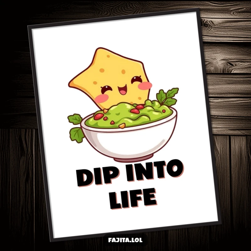 Funny digital art of a plump, blushing tortilla chip character joyfully diving into a bowl of guacamole, perfect wall art.