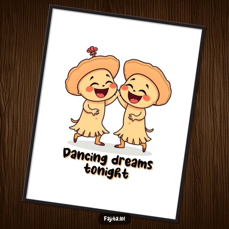 Funny digital art print of two laughing fajitas in a vibrant salsa dance, perfect for adding playful Mexican food-themed decor.
