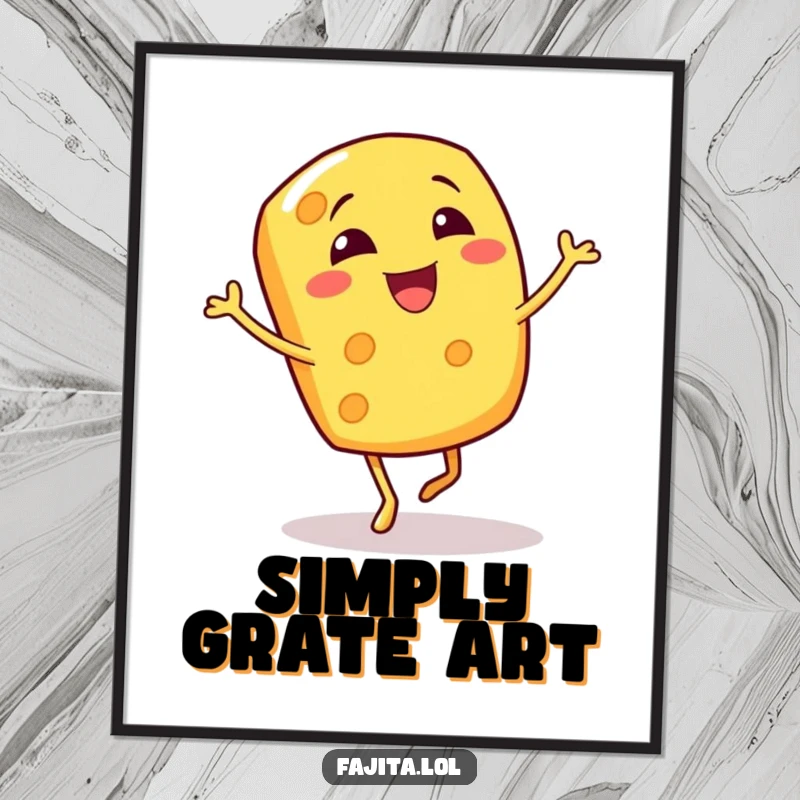 Funny digital art print of a gleeful cheese shred character performing a vibrant bouncy jig, perfect for wall decor.