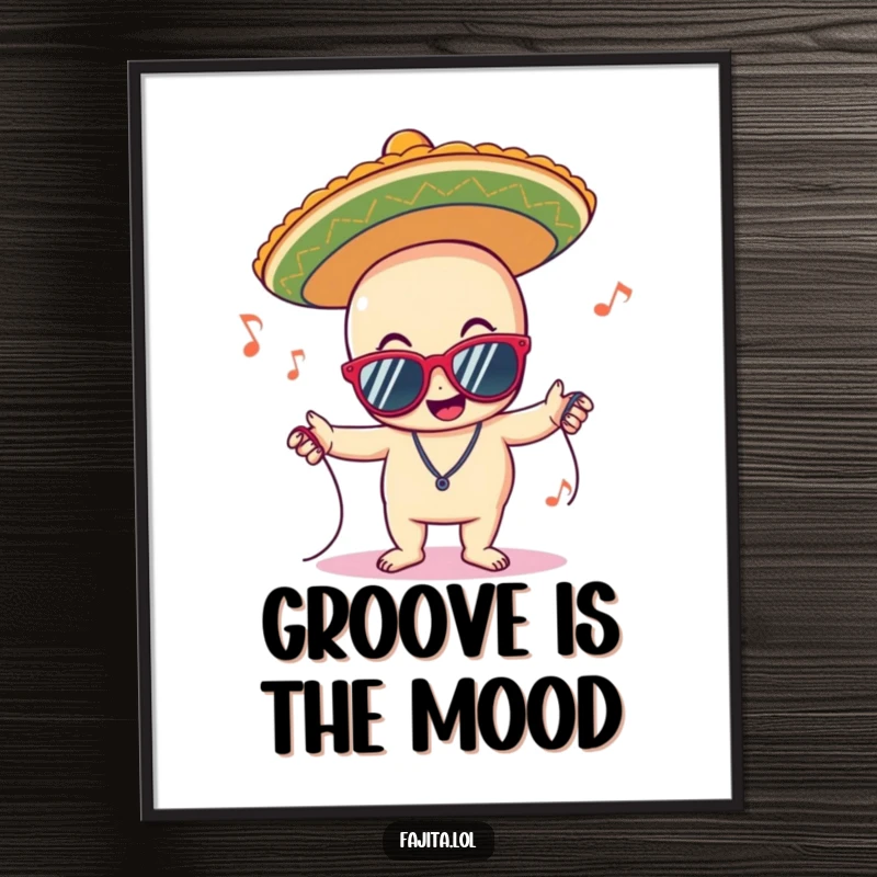 Funny digital art print of a delighted sombrero character with sunglasses, grooving to music, perfect for adding a cool party vibe.