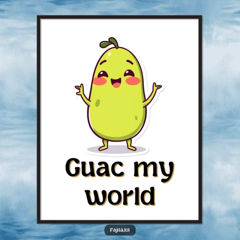Funny Digital Art of a cheerful guacamole character doing a happy wiggle, perfect for printable wall decor and adding vibrant energy.