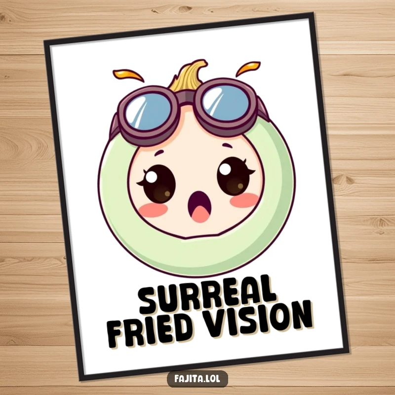 Funny digital art print of a surprised onion ring character in oversized, goofy goggles, perfect for quirky decor.