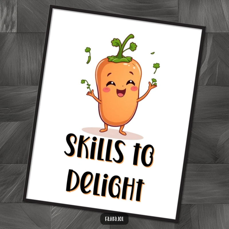 Funny digital art print shows a happy pepper character juggling small cilantro sprigs, celebrating fresh ingredients humorously.