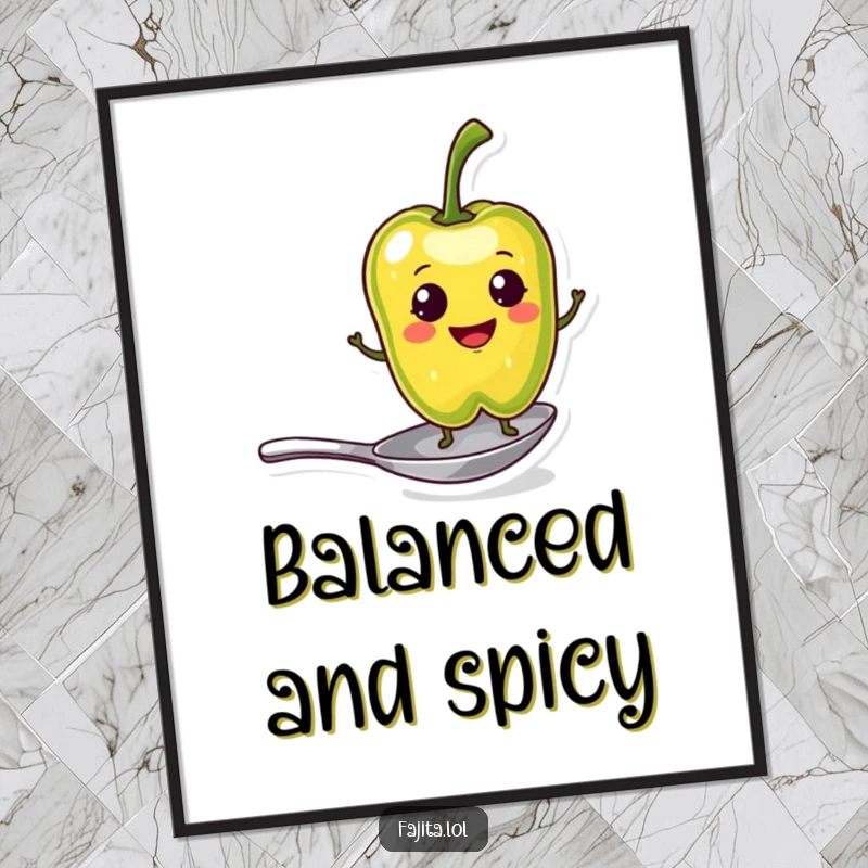 Funny Digital Art of a smiling pepper slice character balancing on a tiny spoon, perfect for printable wall decor and witty vibes.