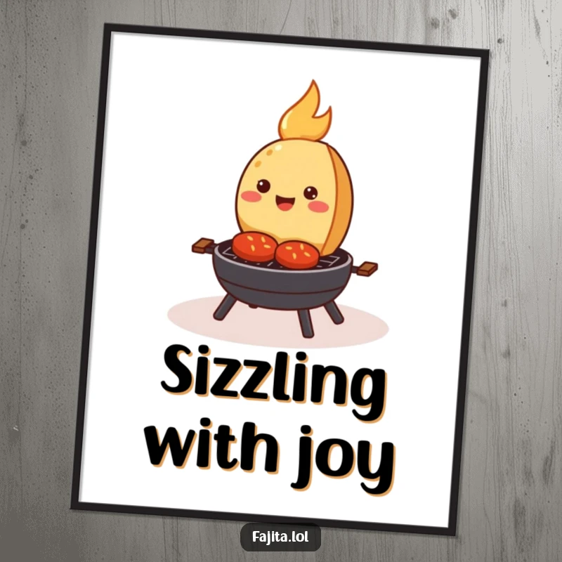 Funny digital art print of a smiling fajita happily sizzling on a tiny cartoon grill, perfect for adding cheerful food art.