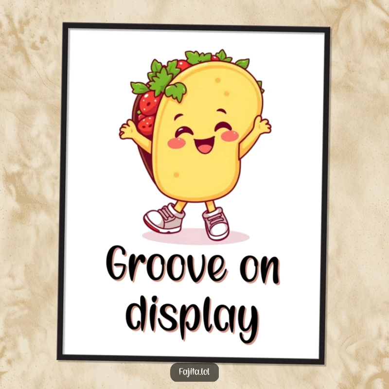 Funny digital art of a happy taco in sneakers, captured in a dynamic and joyful salsa dance pose.