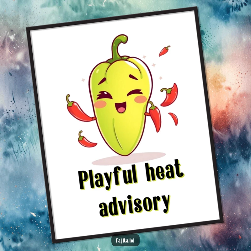 Funny digital art print of a fajita pepper winking playfully while juggling chili peppers, perfect for vibrant and humorous wall decoration.