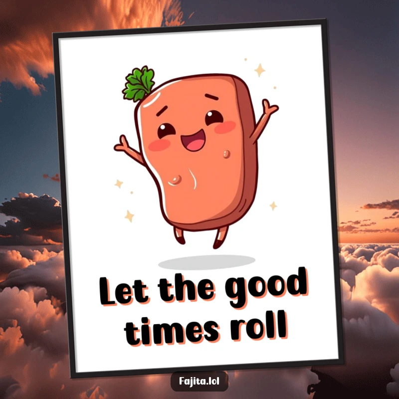 Funny digital art print of a happy fajita steak segment performing a lively shimmy, perfect for vibrant and humorous wall decoration.