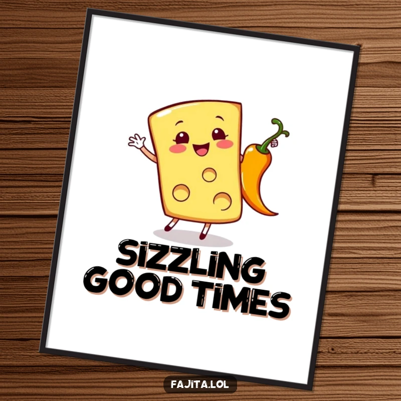 Funny digital art print of a cheerful cheese slice doing a cartwheel next to a sizzling pepper, full of life.