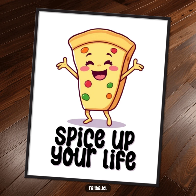 Funny digital art print of a smiling fajita slice performing a joyful salsa dance, ideal for vibrant and humorous wall decoration.