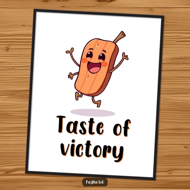 Funny digital art print of an excited grilled meat character performing a happy skip, ideal for kitchen or dining decor.