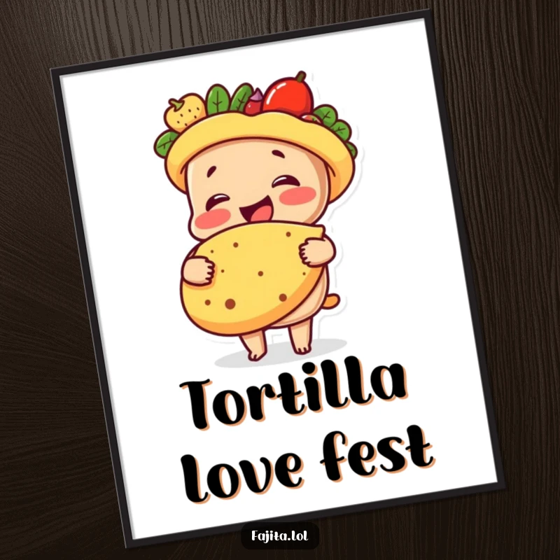 Funny digital art print of a happy fajita character in a warm embrace with a tortilla, offering comfort and humor for instant download.
