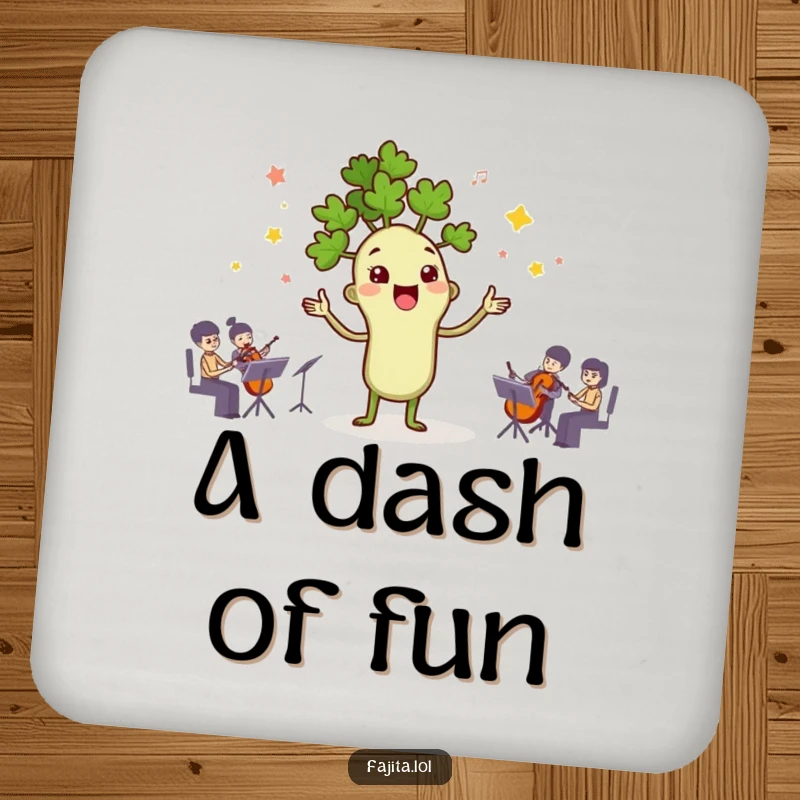 Funny drink coaster illustration of a cilantro character conducting spices, designed to protect surfaces with humor.