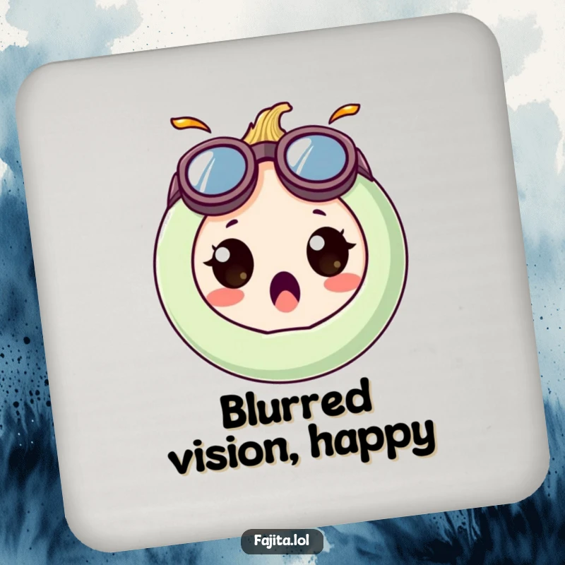 Funny coasters featuring a surprised onion ring character in oversized, goofy goggles, protecting surfaces with humor.