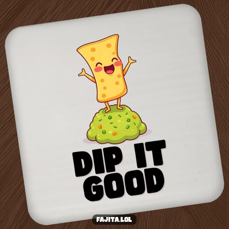 Funny coasters featuring a laughing tortilla chip doing a headstand on guacamole, protecting surfaces with humor.