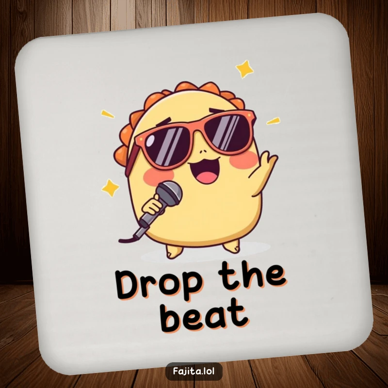 Funny drink coaster with a winking taco in sunglasses mid-mic drop, adding cool protection and humor to any surface.
