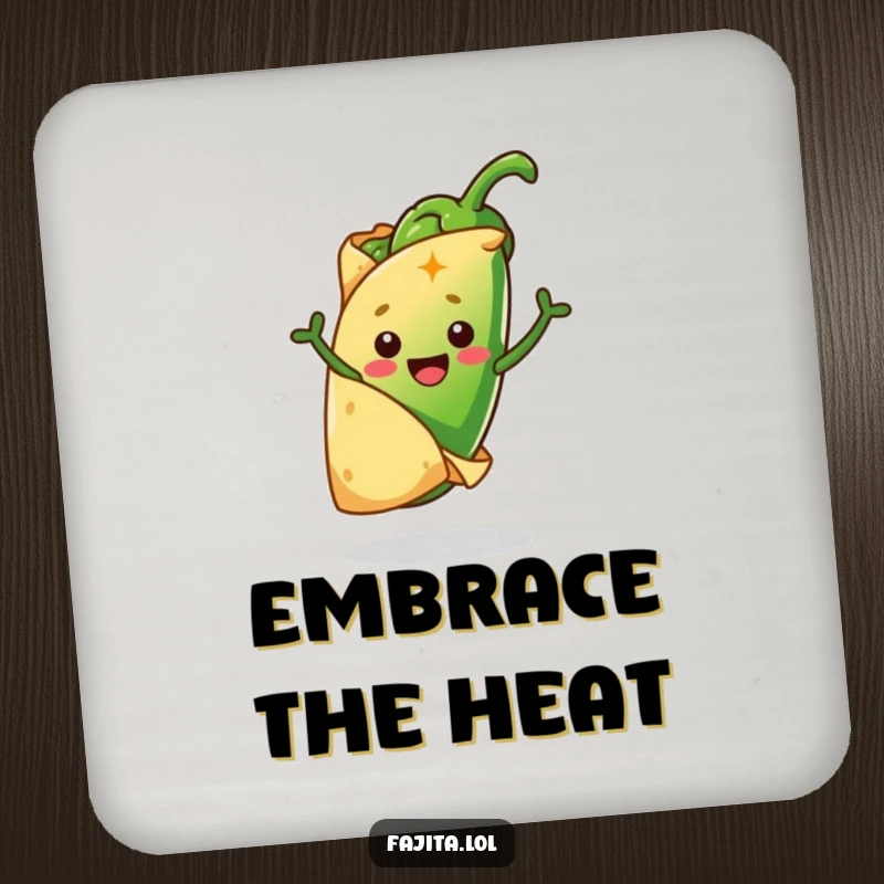 Funny drink coaster with a cheerful tortilla hugging a jumping jalapeño, adding a touch of spicy humor to beverage placement.