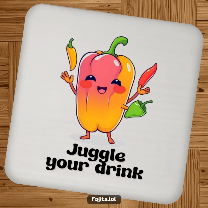 Funny Bell Pepper Coaster: A bell pepper character juggling colorful chili peppers, offering humorous surface protection.