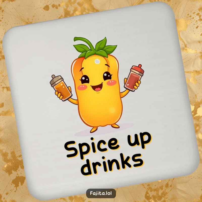 Funny drink coasters featuring a bell pepper character juggling spice shakers, adding humorous charm to any table setting.