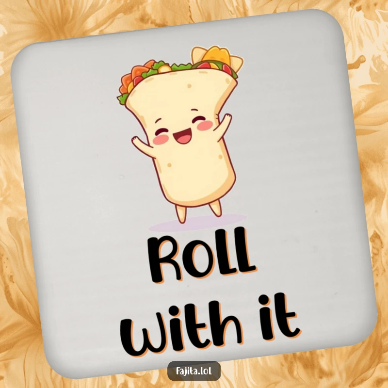 Funny burrito drink coaster featuring a happy burrito doing a cartwheel, its tortilla slightly unfurled, adding humorous flair to tables.