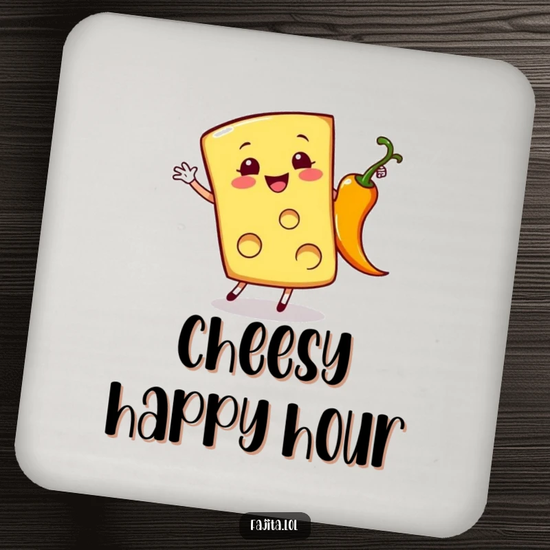 Funny coasters featuring a cheerful cheese slice doing a cartwheel near a sizzling pepper, protecting surfaces with humor.