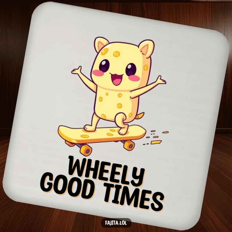 Funny drink coaster depicting a gleeful fajita character skateboarding on a cheese board, providing surface protection with a humorous, adventurous design.