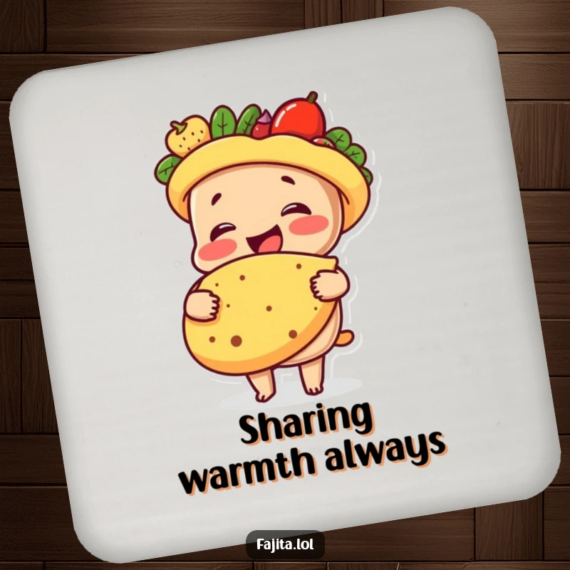 Funny drink coaster depicting a smiling fajita character hugging a tortilla, providing surface protection with a heartwarming, humorous design.