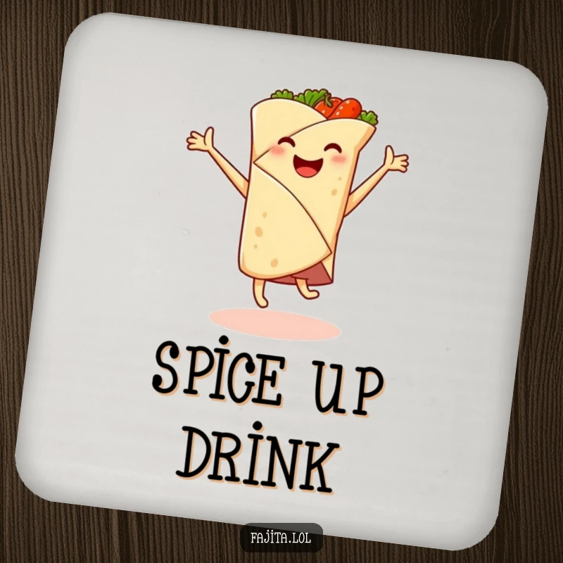 Funny coaster with a smiling fajita wrap mid-cartwheel, spicy filling leaping, protecting surfaces with humor.