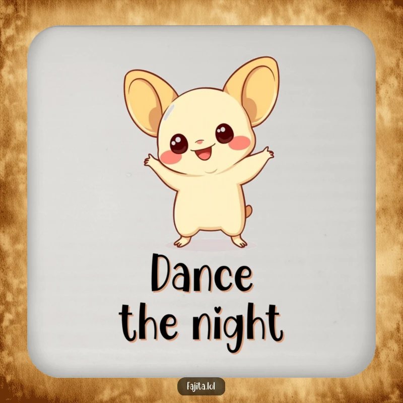 Funny quesadilla drink coaster featuring a smiling quesadilla with wide eyes doing a silly dance, offering cheesy protection.