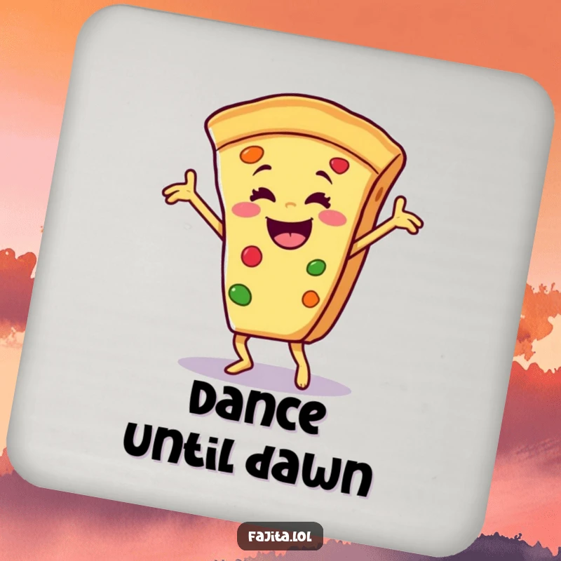 Funny drink coaster with a smiling fajita slice in a lively salsa dance, adding a touch of comedic flair to beverage service.