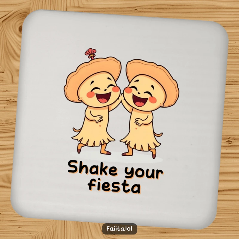 Funny coasters featuring two laughing fajitas in a salsa dance, adding a humorous and protective touch to any drink setup.