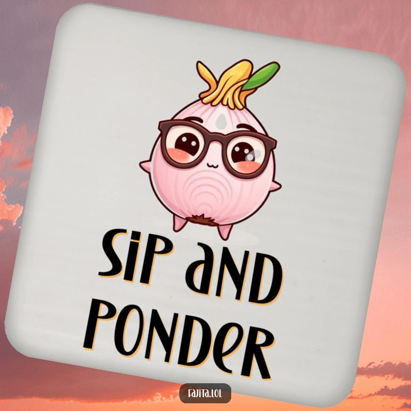 Funny drink coaster with a studious fajita onion slice wearing reading glasses, adding a touch of comedic flair to beverage service.