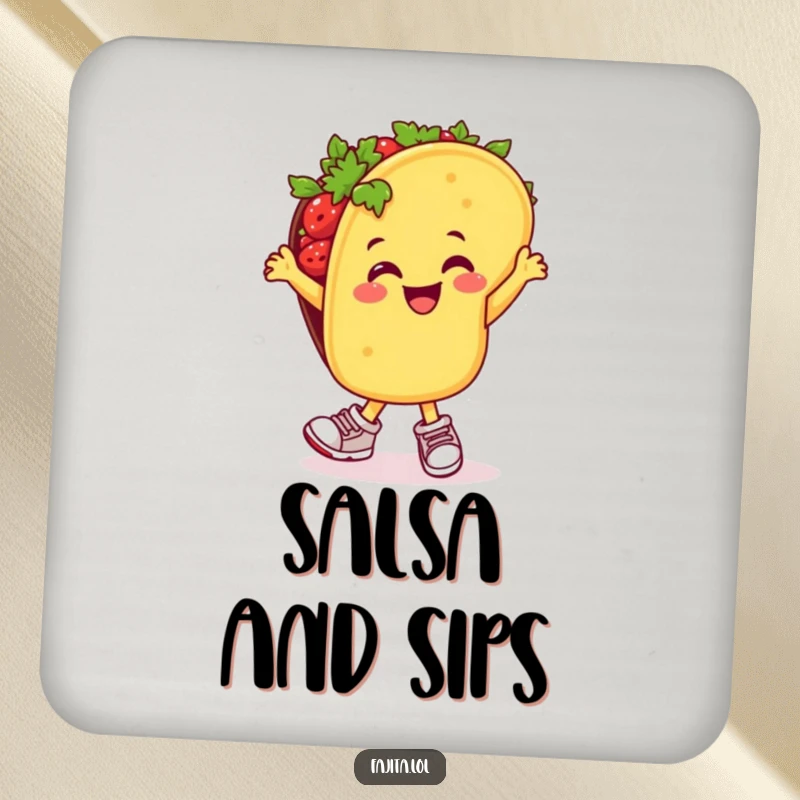 Funny drink coaster featuring a taco in sneakers, enthusiastically performing a salsa dance, protecting surfaces with flair.