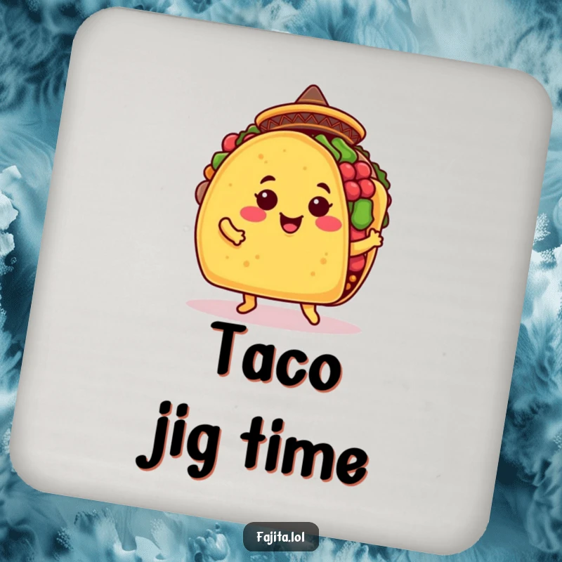 Funny taco drink coaster featuring a smiling taco shell in a sombrero doing a jig, protecting surfaces with humorous flair.