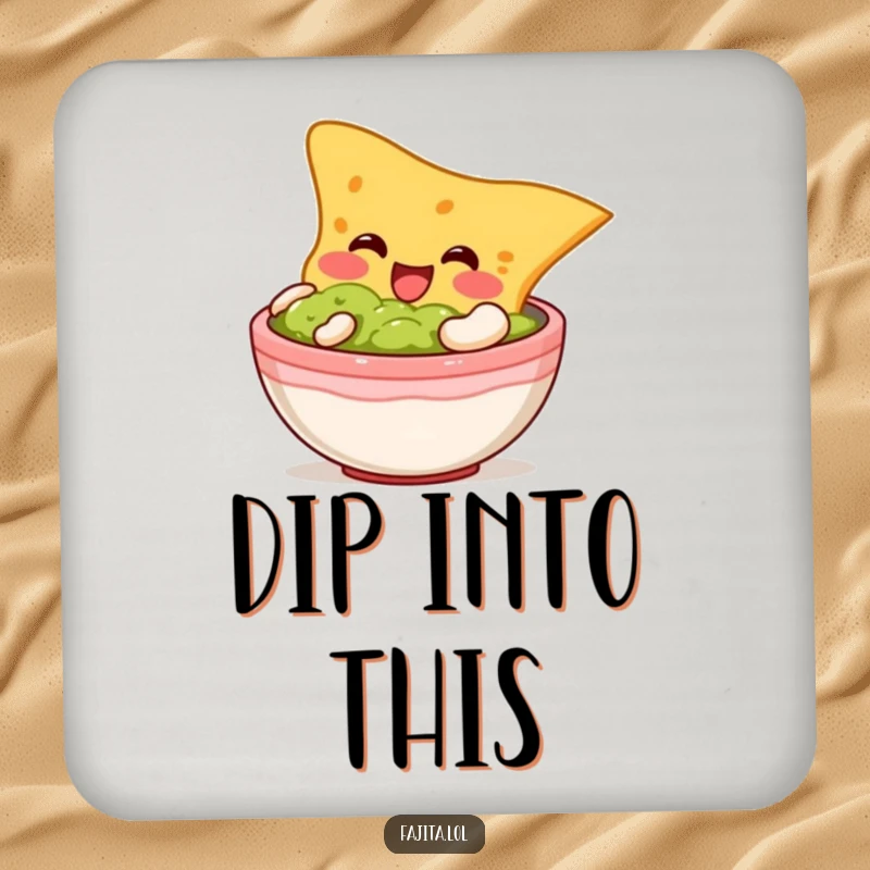 Funny coaster featuring a plump tortilla chip character diving into guacamole, protecting surfaces with snacky charm.