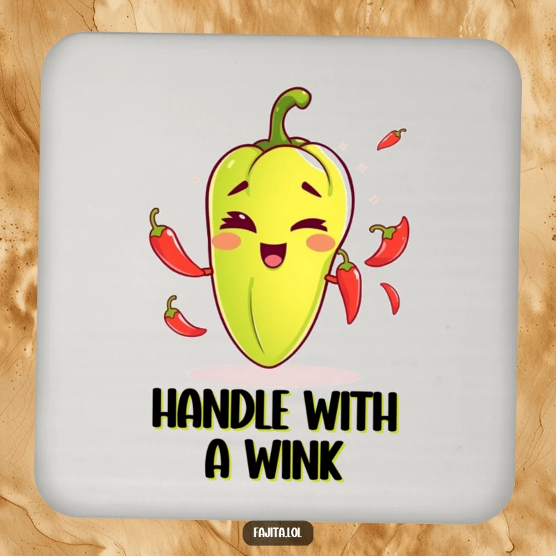 Funny drink coaster with a fajita pepper winking playfully while juggling chili peppers, adding a touch of comedic flair to beverage service.