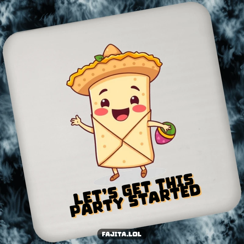 Funny coasters featuring a smiling fajita wrap in a sombrero, dancing with maracas, protecting surfaces with fiesta charm.