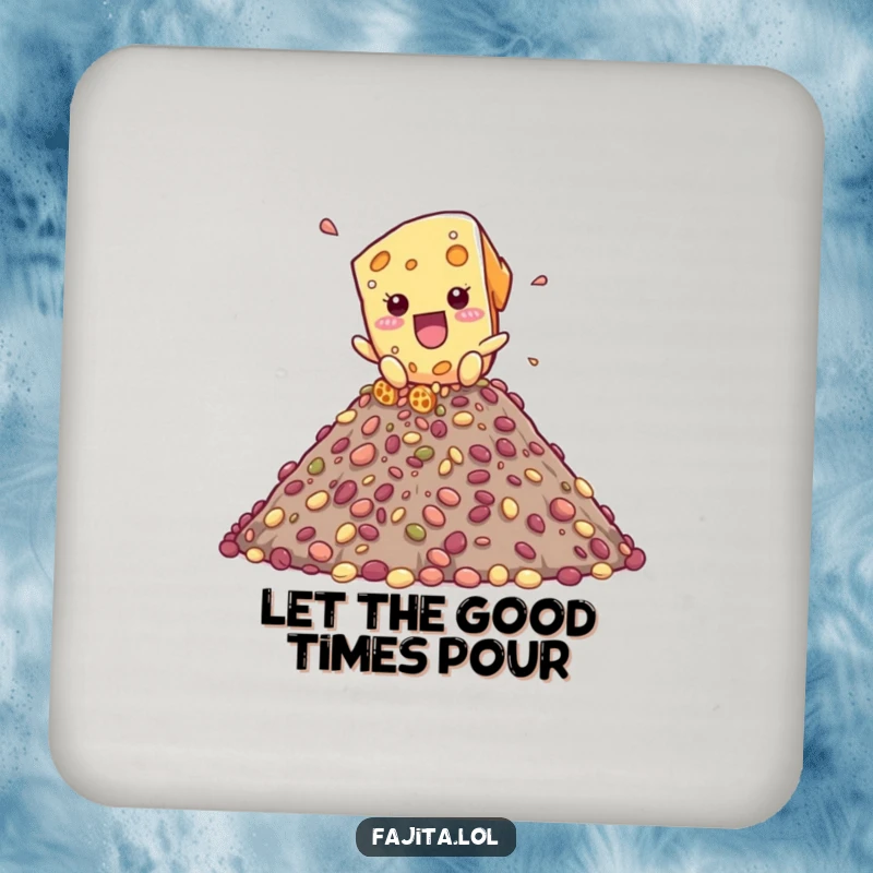 Funny drink coaster featuring a playful cheese shred character cascading down a bean mountain, adding humor to tabletops.